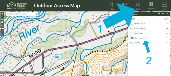 Screenshot of map indicating top Layers selector and access layer